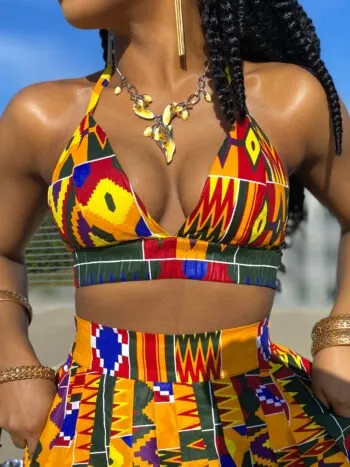 Sheba Bralette (V-neck Summer Carnival Bra Top in Yellow and Green Multicolored African Ankara Dashiki Kente Pattern)