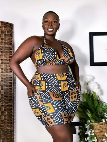 Fayola Biker Shorts (Women's Yoga Sports Workout Shorts in Black Gold Brown and White Chimzi African Bogolan Pattern)