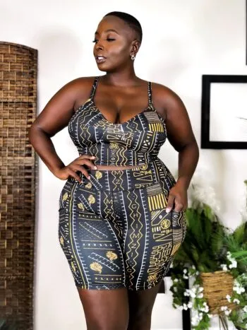 Mansa Bustier Top (Stretchy Workout Sports Crop Top in Black Gold and White Chimzi Bogolan Pattern)