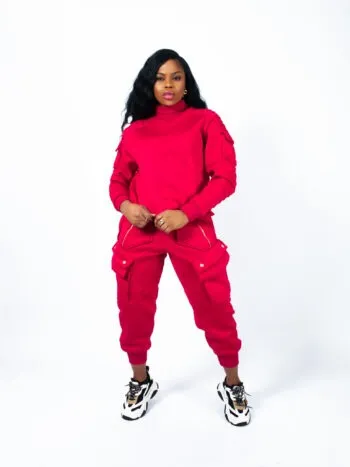 Chimzi Signature Embossed Logo Unisex Turtleneck Sweatshirt and Multi-Pocket Sweatpants in Red cargo pants