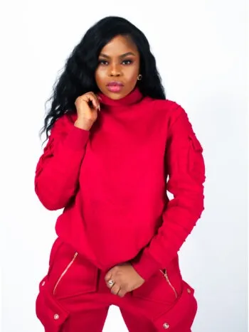Chimzi Signature Embossed Logo Unisex Turtleneck Sweatshirt and Multi-Pocket Sweatpants in Red cargo pants