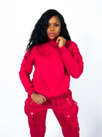 Chimzi Signature Embossed Logo Unisex Turtleneck Sweatshirt and Multi-Pocket Sweatpants in Red cargo pants