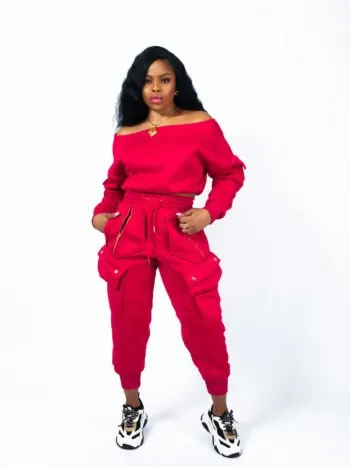Chimzi Signature Embossed Logo Women's Off-shoulder Cropped Sweatshirt and Multi-Pocket Sweatpants in Red cargo pants