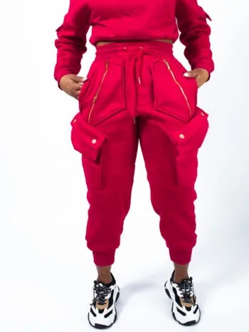 Chimzi Signature Embossed Logo Women's Off-shoulder Cropped Sweatshirt and Multi-Pocket Sweatpants in Red cargo pants