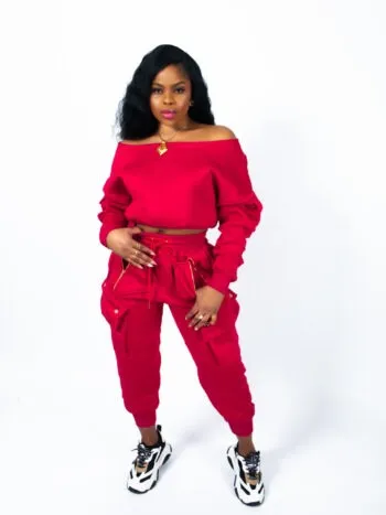 Chimzi Signature Embossed Logo Women's Off-shoulder Cropped Sweatshirt and Multi-Pocket Sweatpants in Red cargo pants