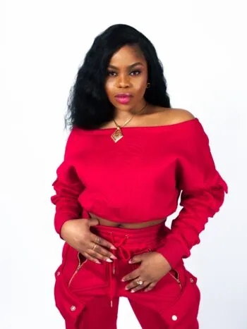 Chimzi Signature Embossed Logo Women's Off-shoulder Cropped Sweatshirt and Multi-Pocket Sweatpants in Red cargo pants