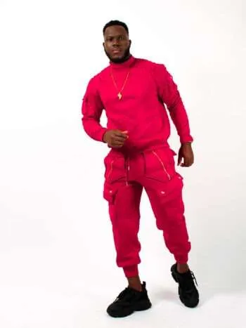 Chimzi Signature Embossed Logo Unisex Turtleneck Sweatshirt and Multi-Pocket Sweatpants in Red cargo pants