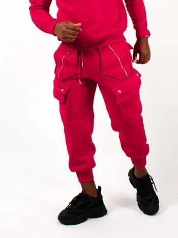 Chimzi Signature Embossed Logo Unisex Turtleneck Sweatshirt and Multi-Pocket Sweatpants in Red cargo pants