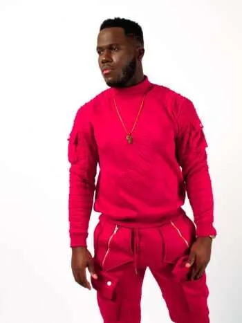 Chimzi Signature Embossed Logo Unisex Turtleneck Sweatshirt and Multi-Pocket Sweatpants in Red cargo pants